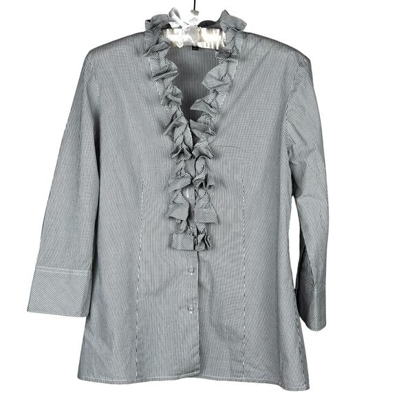 Talbots Grey Pinstripe Ruffle Front Button-Up Blouse - Size 8 - Picture 1 of 9
